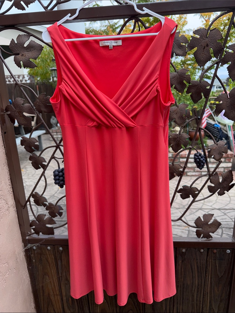 Evan Picone Coral-Red Sleeveless V-Neck Midi Dress